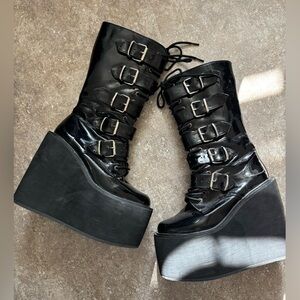 Demonia Swing Goth Black Patent Leather Platform Buckle Rave Festival Boots